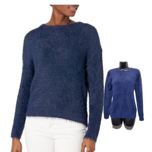 2/$30 Evolution By Cyrus Women's Fuzzy Feather Blue Long Sleeve Sweater Medium